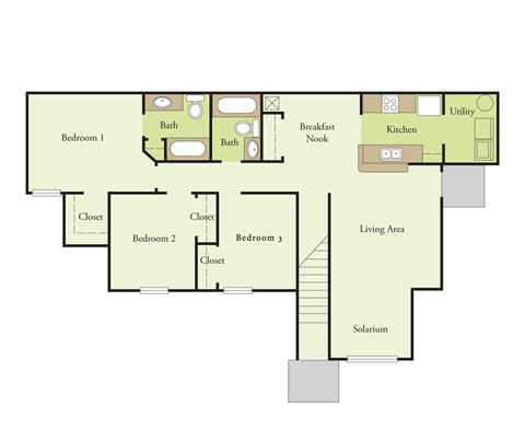 Floor plan for 3 beds, 2 baths, 1239 sqft